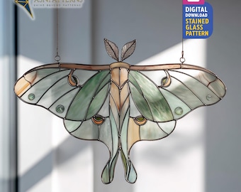 Luna Moth Stained Glass Pattern, Butterfly Suncatcher, Stained Glass Green Butterfly, DIY Handmade, Home Decor, Wall Art