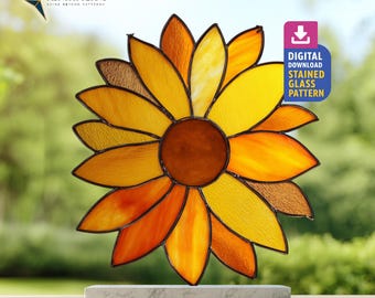 Patrón de vitral de girasol, plantilla de atrapasol de girasol, bricolaje hecho a mano, decoración del hogar, arte de pared