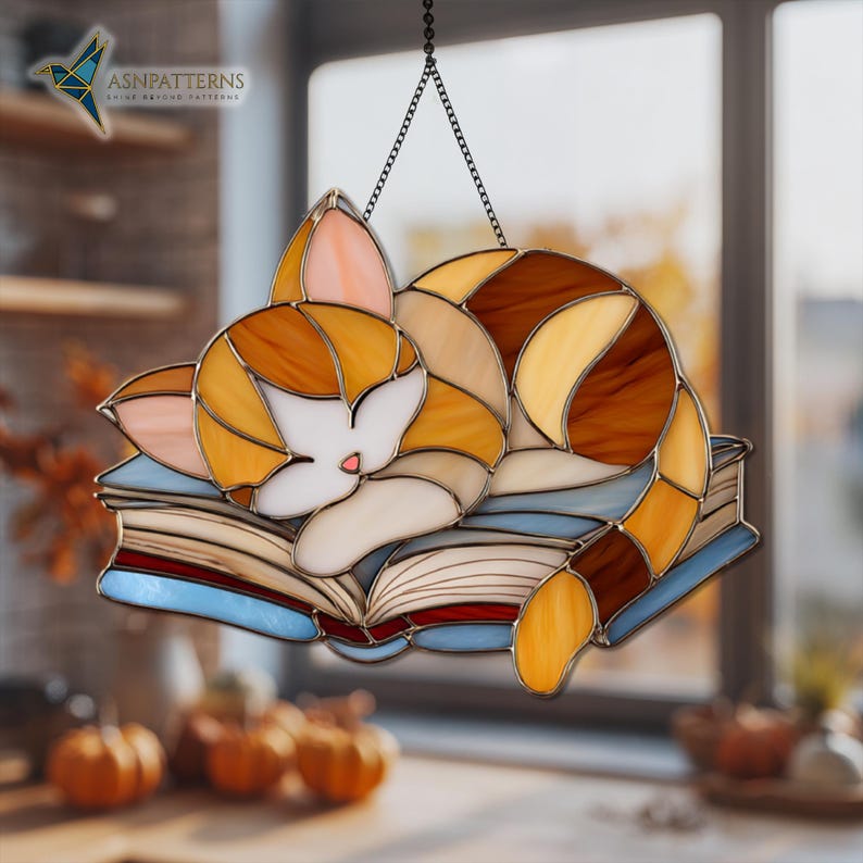 Sleeping Cat on Books Stained Glass Pattern, Cat Book Suncatcher ...