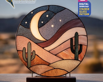 Boho Desert Stained Glass Pattern, Night Desert Suncatcher, Stained Glass Western Desert, DIY Glass Craft, Teacher Gift, Wall Art