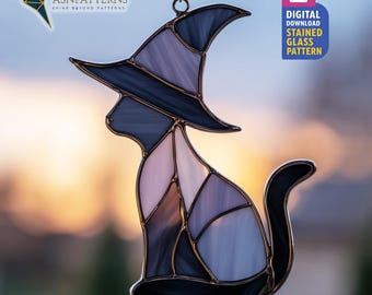Halloween Witch Cat Stained Glass Pattern, Witchy Suncatcher Template, DIY Glass Craft, Halloween Decor, Wall Art