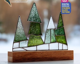 Winter Pine Tree Stained Glass Pattern, Winter Suncatcher PDF Template, DIY Handmade, Home Decor, Craft Project