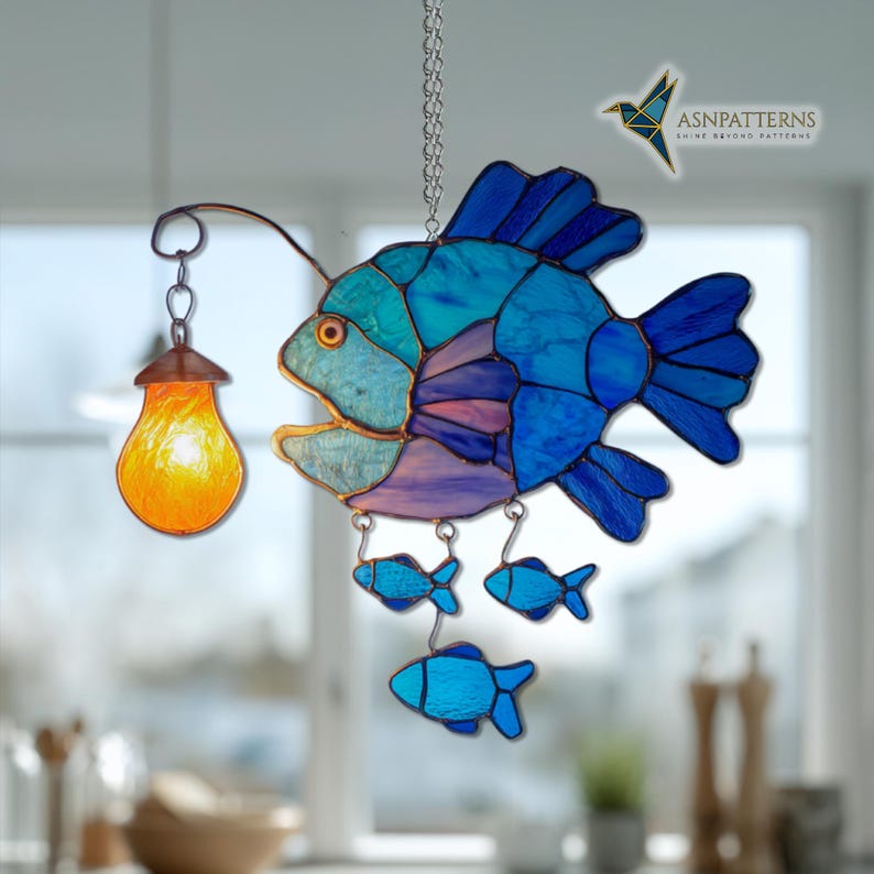 Angler Fish Stained Glass Pattern, Nautical Suncatcher Template, DIY ...
