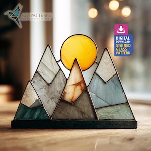 Mountain and Sun Stained Glass Pattern, Landscape Suncatcher Template, Handmade PDF Pattern, Home Decor, Wall Art Hanging