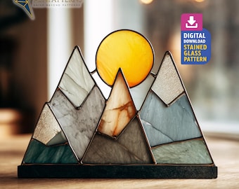 Mountain and Sun Stained Glass Pattern, Landscape Suncatcher Template, Handmade PDF Pattern, Home Decor, Wall Art Hanging
