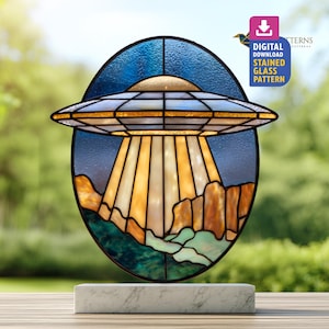 UFO Over The Cliff Stained Glass Pattern, Alien Abduction Suncatcher PDF Template, DIY Glass Craft, Home Decor, Wall Art
