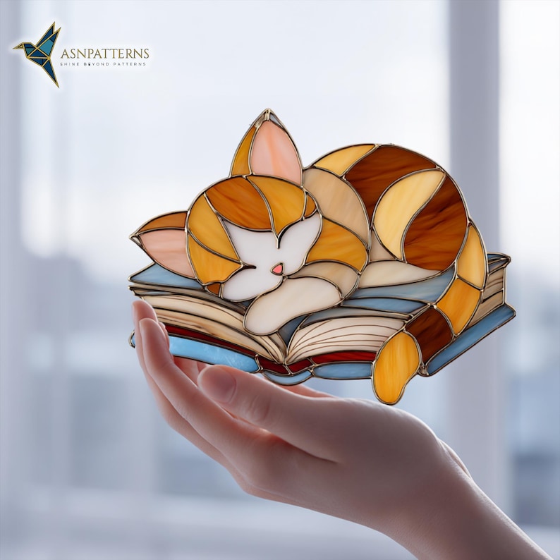 Sleeping Cat on Books Stained Glass Pattern, Cat Book Suncatcher ...