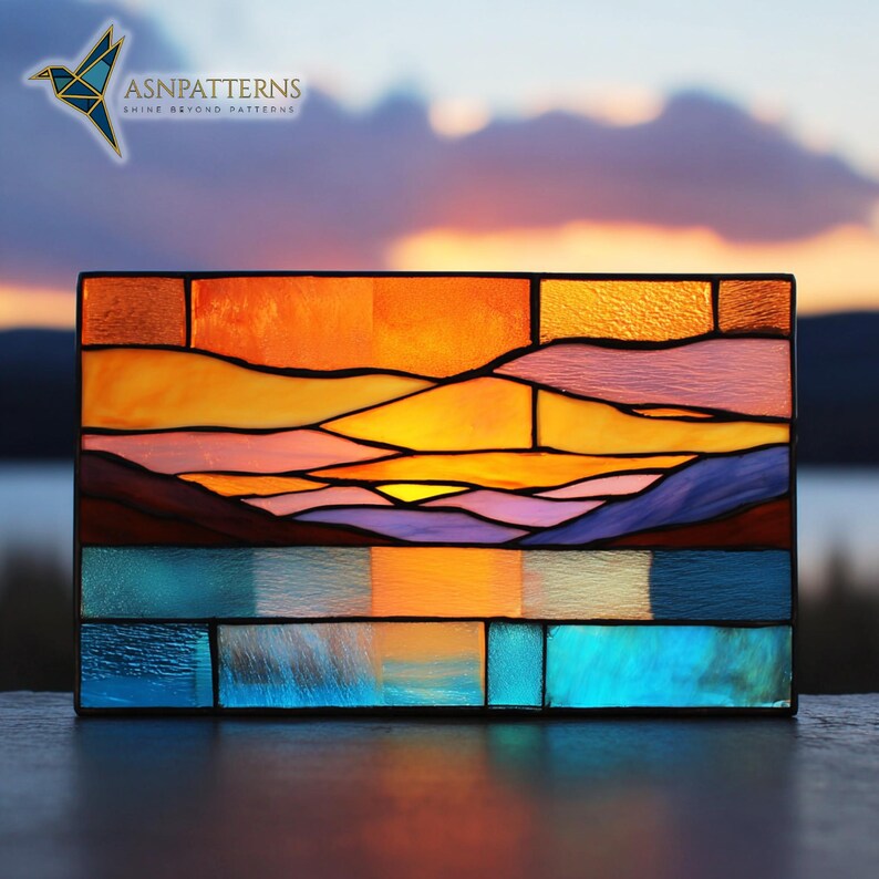 Lake Stained Glass Pattern, Sunset on Lake Suncatcher, Stained Glass ...