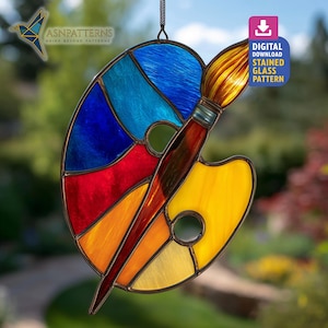 Paint Palette Stained Glass Pattern, Painting Suncatcher, Stained Glass Paint Palette And Brush, DIY Glass Craft, Home Decor, Wall Art