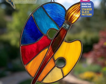 Paint Palette Stained Glass Pattern, Painting Suncatcher, Stained Glass Paint Palette And Brush, DIY Glass Craft, Home Decor, Wall Art