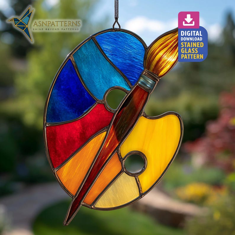 Paint Palette Stained Glass Pattern, Painting Suncatcher, Stained Glass Paint Palette And Brush, DIY Glass Craft, Home Decor, Wall Art