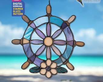 Floral Ship Wheel Stained Glass Pattern, Ship Wheel Suncatcher Template, DIY Hand Craft, Handmade, Home Decor, Wall Art