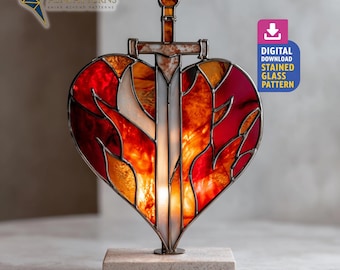 Fire Heart Stained Glass Pattern, Heart With Sword Suncatcher Template, Handmade PDF Pattern, Home Decor, Wall Art