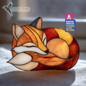 Sleeping Fox Stained Glass Pattern, Fox Suncatcher, Stained Glass Cute Sleeping Fox, DIY Handmade, Fall Decor Hanging, Wall Art