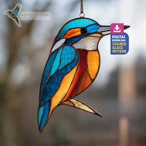 IJsvogelvogel glas-in-loodpatroon, ijsvogel zonnevanger, gebrandschilderd glas blauwe vogel, handgemaakt patroon, woondecoratie, kunst aan de muur hangend