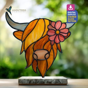 Motivo floreale in vetro colorato con mucca scozzese, modello per acchiappasole con testa di mucca scozzese, artigianato in vetro, decorazioni western, arte murale