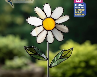 Daisy Plant Stakes Stained Glass Pattern, Daisy Suncatcher PDF Template, DIY Handmade, Garden Decor, Craft Design