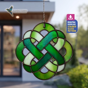 Patrón de vitral con nudo celta, plantilla para atrapasol con nudo celta, vitral con nudo celta verde, bricolaje hecho a mano, decoración del hogar, arte mural