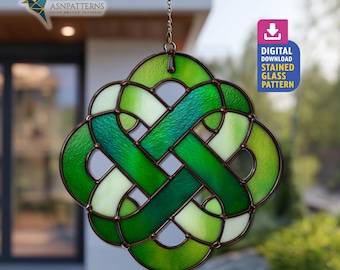 Celtic Knot Stained Glass Pattern, Celtic Knot Suncatcher Template, Stained Glass Green Celtic Knot, DIY Handmade, Home Decor, Wall Art
