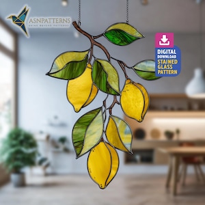 Lemon Branch Stained Glass Pattern, Lemon Tree Suncatcher Template, DIY Handmade, Home Decor, Wall Art