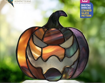 Scary Pumpkin Stained Glass, Scary Pumpkin Suncatcher PDF template, Halloween, Crafting Project Design, Home Decor, Wall Art