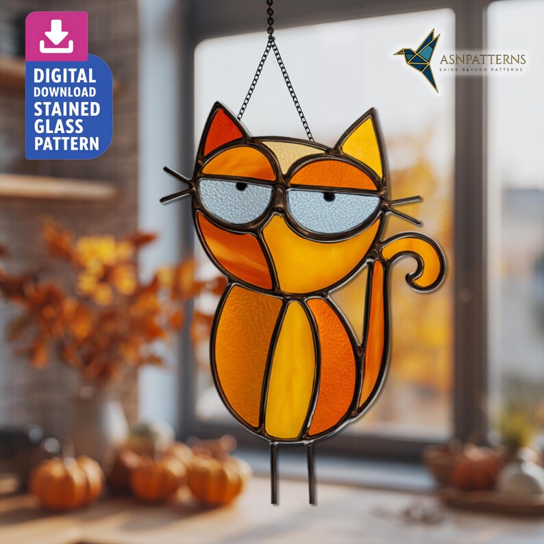 Big Eyes Cat Stained Glass Pattern, DIY Suncatcher PDF Template, Home ...