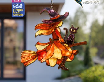 Witch And Cat Stained Glass Pattern, Flying Witch Suncatcher PDF Template, DIY Handmade, Halloween Decor, Craft Design