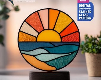 Sunset Scene on Beach in Circle  Stained Glass Pattern, Nature Suncatcher PDF Template, Home Decor, Handcraft Idea