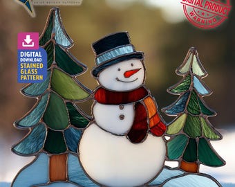 Frosty The Snowman Stained Glass Pattern, Snowman Suncatcher, Stained Glass Snowman Pattern, Home Decor, DIY Crafting Project, Wall Art
