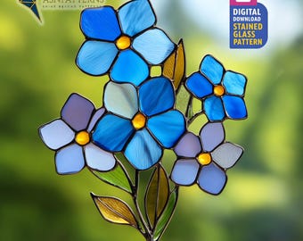 Vergissmeinnicht-Glasmalerei-Muster, Botanische Suncatcher-Vorlage, DIY-Glaskunst