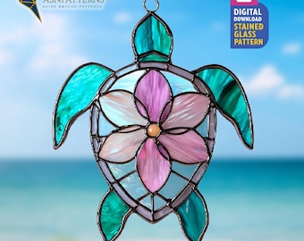 Sea Turtle Stained Glass Pattern, Turtle Suncatcher Template, DIY Glass Craft, Beach Decor, Wall Art