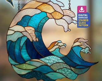 Waves Stained Glass Pattern, Ocean Waves Suncatcher Template, DIY Handmade, Home Decor, Wall Art