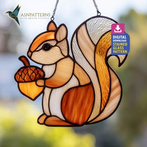 Squirrel With Acorn Stained Glass Pattern, Squirrel Suncatcher, Stained Glass Squirrel, Handmade Pattern, Home Decor, Wall Art Glass