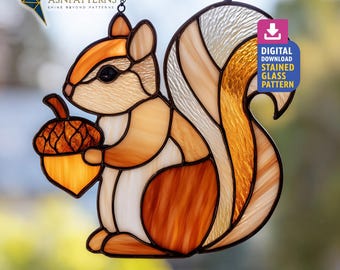 Squirrel With Acorn Stained Glass Pattern, Squirrel Suncatcher, Stained Glass Squirrel, Handmade Pattern, Home Decor, Wall Art Glass