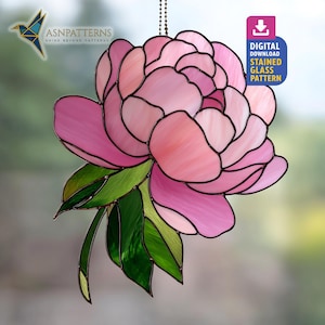 Roze pioen glas in lood patroon, pioen suncatcher, glas in lood pioen, DIY handgemaakt, tuindecor, kunst aan de muur hangend