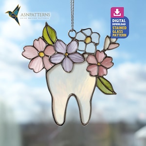 Floral Tooth Stained Glass Pattern, Dental Suncatcher Template, DIY Handcraft, Office Decor, Wall Art