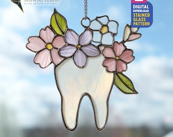Floral Tooth Stained Glass Pattern, Dental Suncatcher Template, DIY Handcraft, Office Decor, Wall Art