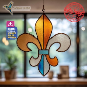 Fleur De Lis Stained Glass Pattern, Fleur De Lis Suncatcher Design Template, DIY Crafting Project, Wall Art