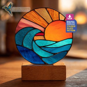 Waves and Sun Stained Glass Pattern, Sunset Suncatcher Template, Handmade Pattern, Home Decor, Wall Art Glass