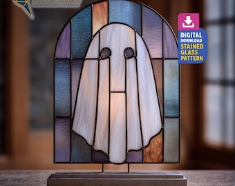 Ghost at The Window Stained Glass Pattern, Spooky Halloween Suncatcher Template PDF, Handmade Pattern, Home Decor, Wall Art Glass
