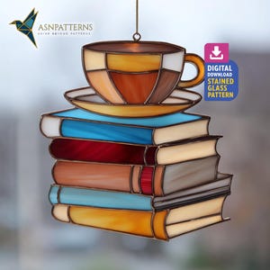Coffee Cup and Book Stained Glass Pattern, Books Suncatcher Template,  DIY Handmade, Home Decor Hanging, Wall Art