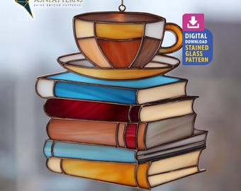Coffee Cup and Book Stained Glass Pattern, Books Suncatcher Template,  DIY Handmade, Home Decor Hanging, Wall Art