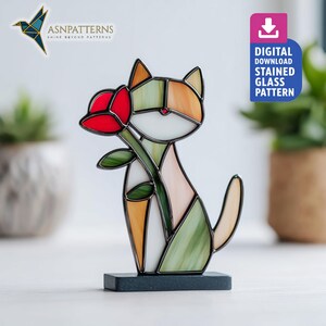 Motivo a vetrata con gatto e rosa rossa v2, modello PDF acchiappasole a forma di gatto, decorazione per la casa, progetto fai da te, arte da parete