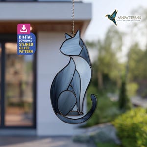 Retro Atomic Cat glas-in-loodpatroon, kat Suncatcher-sjabloon, patroon voor handgemaakt, hangend decor, kunst aan de muur
