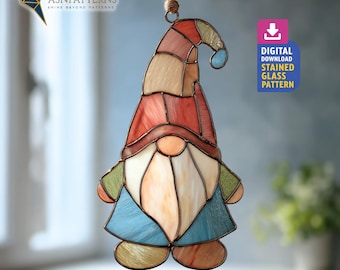 Cute Gnome Stained Glass Pattern, Gnome Suncatcher Template, Handmade Pattern, Garden Decor, Wall Art Glass