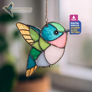 Kolibri Glasmalerei-Muster, niedlicher Vogel Suncatcher PDF-Vorlage, DIY handgemachtes Muster, Wohnkultur, Wandkunst