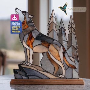 Wolf in bos glas-in-loodpatroon, Wolf Suncatcher-sjabloon, DIY handgemaakt patroon, woondecoratie, kunst aan de muur