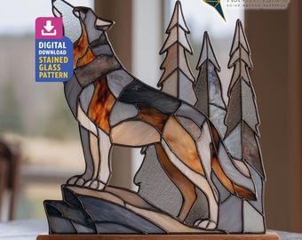 Wolf in bos glas-in-loodpatroon, Wolf Suncatcher-sjabloon, DIY handgemaakt patroon, woondecoratie, kunst aan de muur
