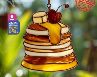 Pancakes Stained Glass Pattern, Pancakes Suncatcher Design, Home Decor, DIY Crafting Project, Wall Art