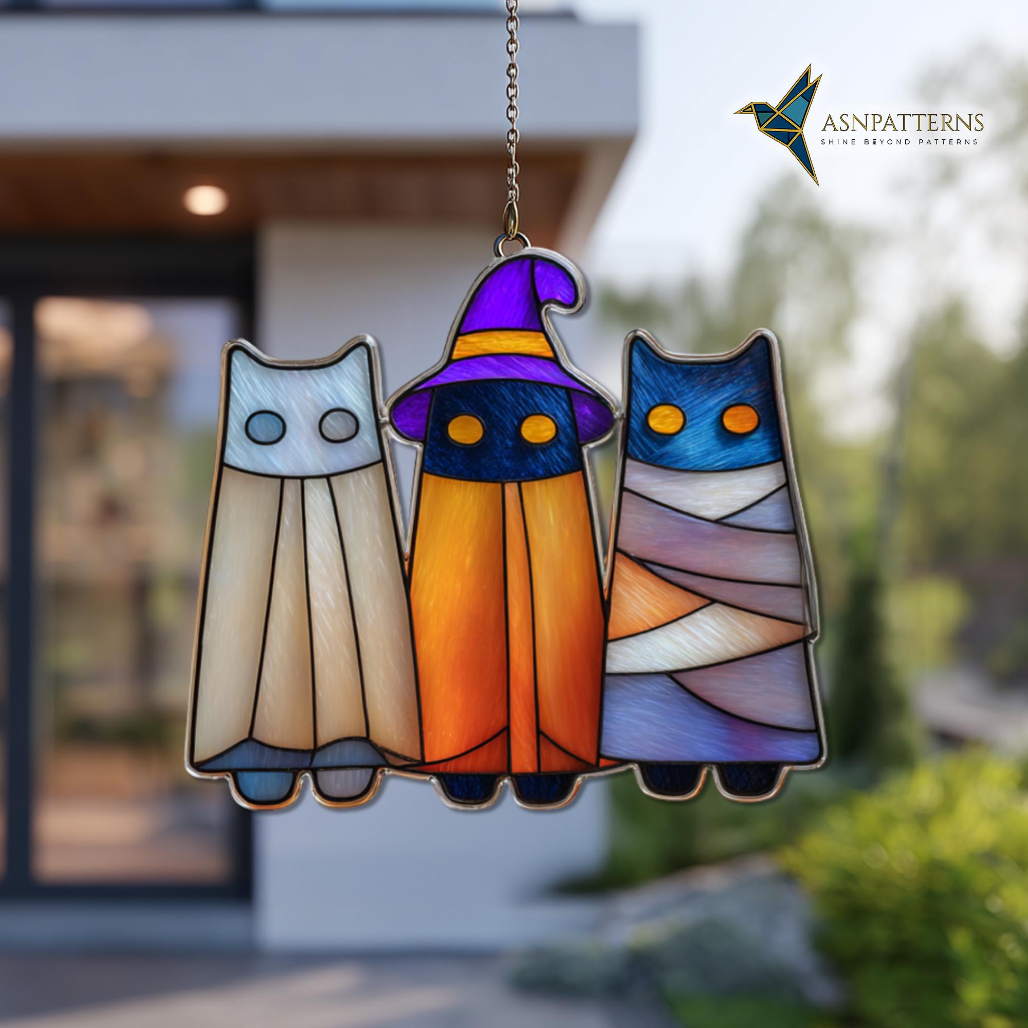 Halloween Cats Stained Glass Pattern, Black Cats Suncatcher Template ...
